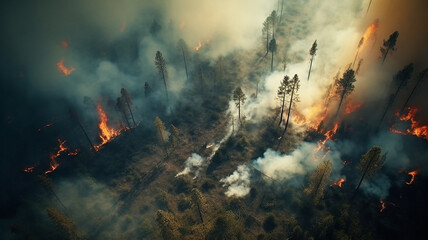 Drone, fire and smoke with forest in nature for deforestation, climate change and ecology. Ai generated, plants and timber with landscape of woods flame for earth, disaster and wildfire pollution