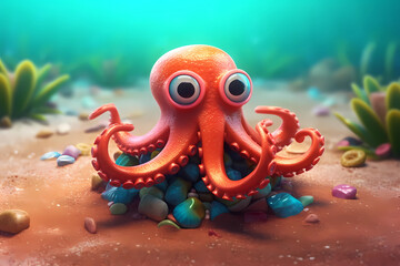Funny 3D octopus. AI generation	