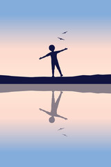 happy little boy dream about flying with birds by the lake at sunset silhouette vector illustration EPS10