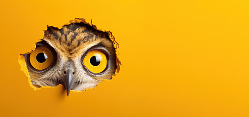 A surprised owl peeks out on a orange background. Banner, copy space. AI generation