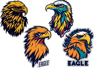 set, collection of colored and multicolored logos and stickers with the image of an eagle, a large vigilant bird of prey
