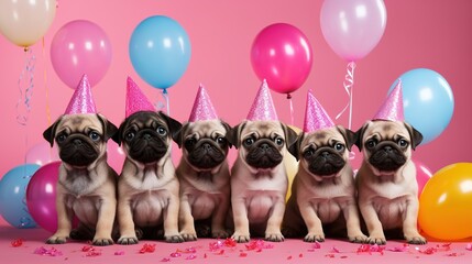 Lots of pug puppies in a birthday hat on a pink background. AI generation