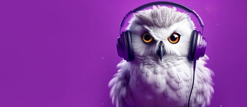 An owl in headphones listens to music on a purple background. Banner, copy space. AI generation