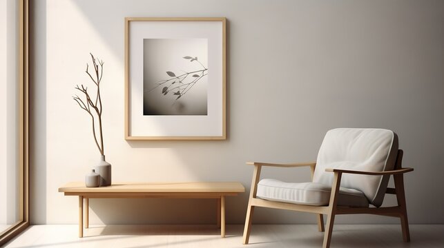 Modern minimalistic room with an armchair and a painting in beige style. AI generation