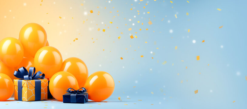 Orange balloons on a blue festive background. Banner, copy space. AI generation	
