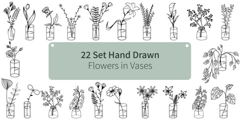 22 Set Hand Drawn. Flower in Vases. Art & Illustration