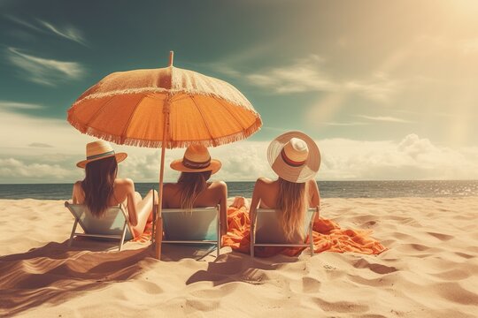 Three young attractive women wearing summer hats relaxing in the sun on their deck chairs under yellow umbrella at the beach.