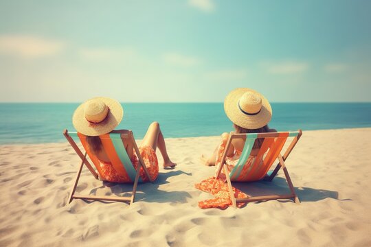 Two young attractive women wearing summer hats relaxing in the sun on their deck chairs at the beach on vacation holiday.