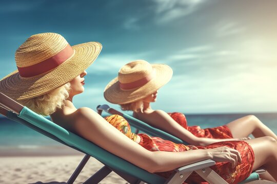 Two young attractive women wearing summer hats relaxing in the sun on their deck chairs at the beach on vacation holiday.