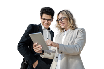 A couple of people are employees, colleagues, a man and a woman are office partners in an online startup project.   transparent background, png.