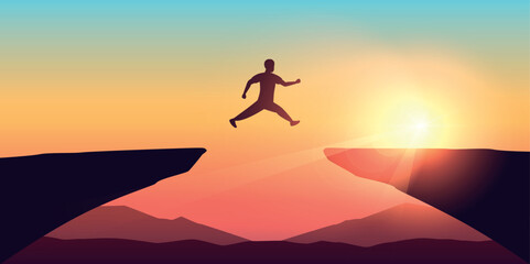 sporty man successful jumping over a cliff at sunset vector illustration EPS10