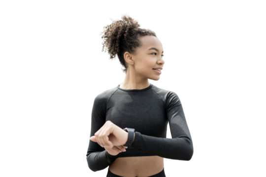 Uses a fitness watch woman training running alone.   transparent background, png.