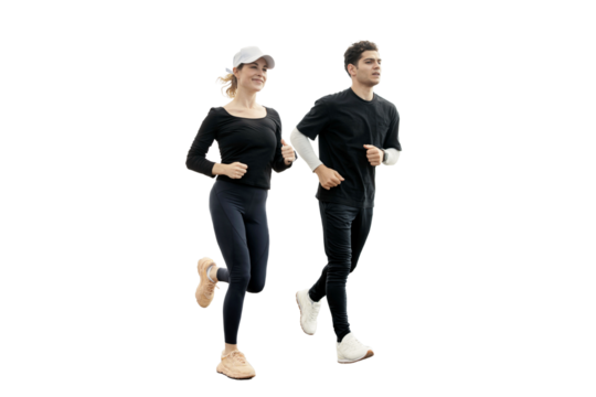 A couple jogging a woman and a man training together people. transparent background, png.