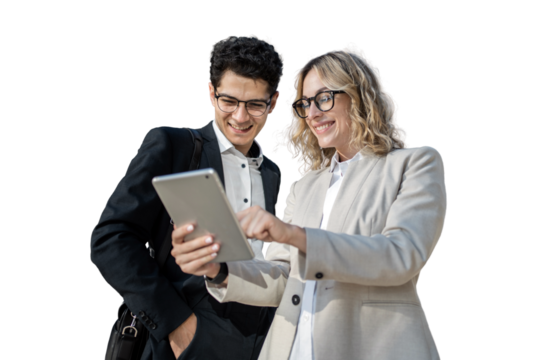 A couple of people are employees, colleagues, a man and a woman are office partners in an online startup project.   transparent background, png.