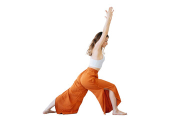 Yoga trainer doing asana exercise in fitness clothes. Meditation balance and harmony of body and soul.  transparent background, png.