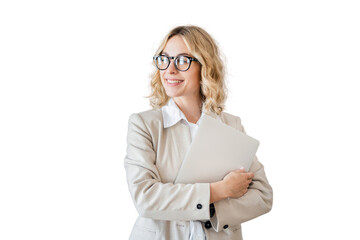 The manager in glasses is a smart woman sitting in a chair using a laptop. Teacher training student...