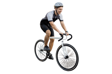A male cyclist is a coach going to a training session. Eco transport health benefits .  transparent background, png.