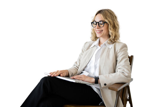 Psychologist with glasses smart woman sitting in a chair using a laptop. Online training student education on the website .  transparent background, png.