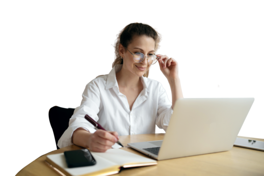 The administrator in glasses is a smart woman sitting at work using a laptop. Online training student education on the website .  transparent background, png.