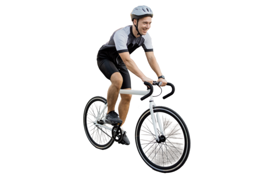 A male cyclist is a coach going to a training session. Eco transport health benefits .  transparent background, png.