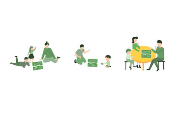 Vector illustration in cartoon flat about Board games family set. Parents with kids sitting at table and playing tabletop games. Spend time together. Mom,father,girl and boy at home. 