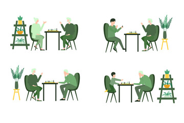 Fototapeta premium Vector illustration about Old people play chess set. Elderly peope sitting at the table with chessboard. Chess tournament between old and young. Isolated vector illustration in cartoon style.