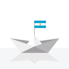 Origami paper ship with reflection and Argentina flag.