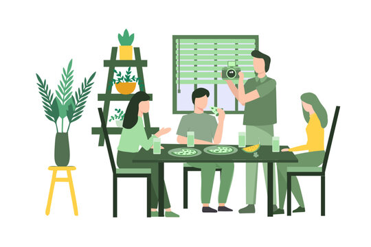flat graphic design about Friends playing funny game sitting at a table. Photographer takes photos of young people having good time together at home or cafe. Happy people are resting, drinking. vector