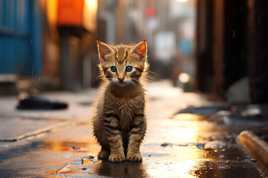 Lonely sad cute kitten outdoors