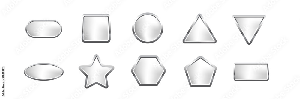 Poster silver buttons of different geometric shapes with frames and shine light effect vector illustration 