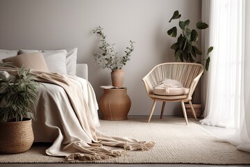 Home interior mockup of an empty apartment room with wicker rattan armchair, plush beige blanket, white fur, and vase on the floor with natural straw. Generative AI