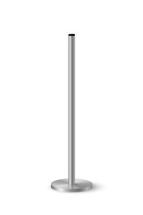 3d metal pole signpost on base vector illustration. Realistic grey steel, iron or chrome pillar with polished surface, vertical different diameter cylinder pipe holders for board or flag