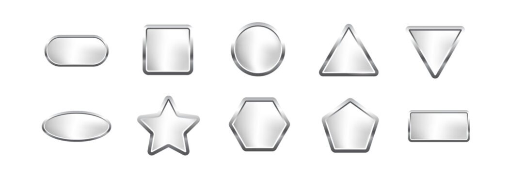 Silver buttons of different geometric shapes with frames and shine light effect vector illustration set. Steel oval square circle triangle star hexagon pentagon rectangle isolated on white background