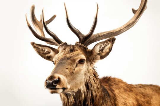 Head of a horned deer taxidermied. isolated against a white backdrop. Generative AI