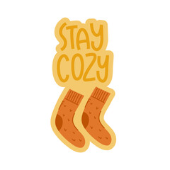 Stay cozy. Decorative design composition with fall lettering and seasonal elements. Hand drawn phrase in sweater.