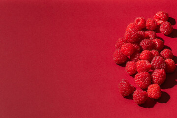 Red ripe raspberry isolated on  red background, copy space