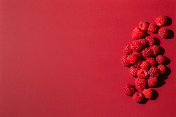 Red ripe raspberry isolated on  red background, copy space