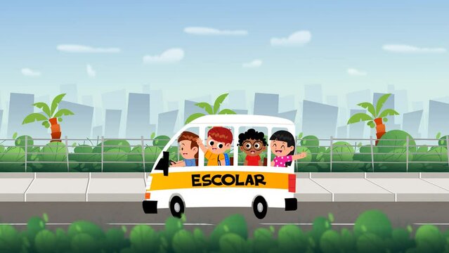 Brazilian school transport - School bus. Happy Children Going to School. 2D Animation