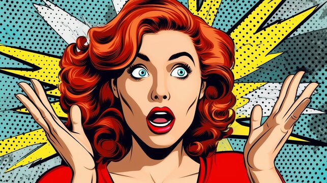 Fototapeta Surprised woman in pop art style, Cartoon, Generative AI