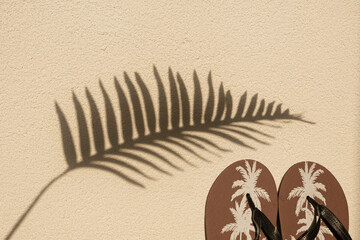 Summer sun-colored abstract palm leaf shadow on the wall with beach slippers. Minimal summer...