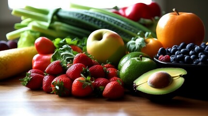 A fresh fruits and vegetables on a kitchen counter or cutting board. AI generated
