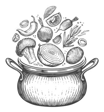 Cooking pot with fresh vegetable ingredients isolated. Organic healthy food and casserole. Sketch illustration