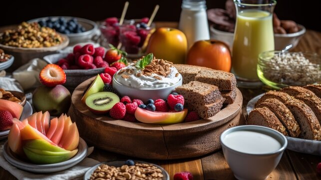 A beautifully breakfast spread with yogurt, granola, fresh fruits, and whole. AI generated