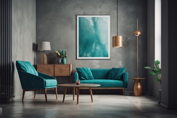 In the interior of a contemporary living room with a turquoise leather sofa and armchair, a floor lamp, and branches in a vase on a wooden coffee table, there is a vertical blank poster on a cyan conc
