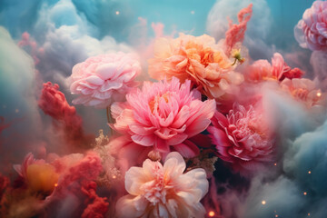 Obraz na płótnie Canvas Illustration of beautiful pink, blue, pastel, orange colorful flowers surrounded by a thick cloud and smoke. Abstract creative idea of summer or spring. Natural scene. Generative. AI.