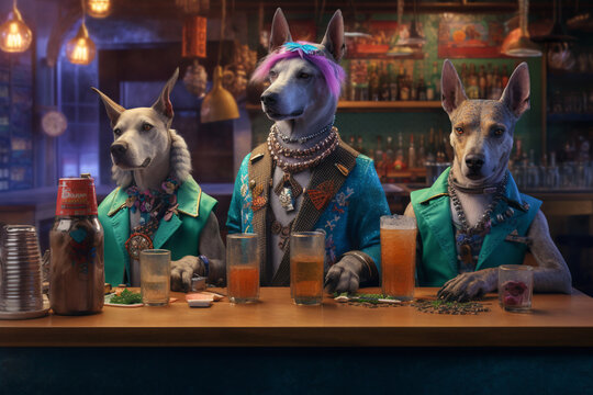 Hipster, rockers or punks dogs sitting on the night bar or pub and enjoying in drink. Creative abstract scene with animals as a human. Illustration, Generative AI.