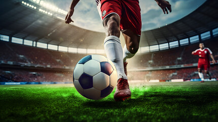 Soccer Striker's Intense Focus: Close-Up Shot Capturing the Moment Before Kicking the Ball at the Stadium