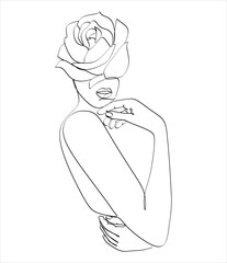 Woman Face with Flowers Line Art Drawing. Continuous One Line Drawing of Flowers on Female Head Minimalist Style. Vector Illustration for Nature Cosmetic, Print. Minimalist Black White Drawing