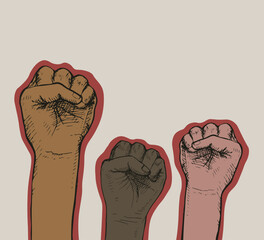 Fists of group of people of different races with raised hands as a symbol of unity, protest, strength or victory, success. The concept of unity, revolution, struggle, cooperation. Vector illustration