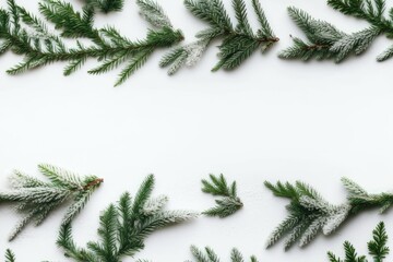 flat lay top view composition for the new year or Christmas Christmas holiday celebration homemade craft garland on a white backdrop with fir tree and pine branches copy space Greeting card text desig